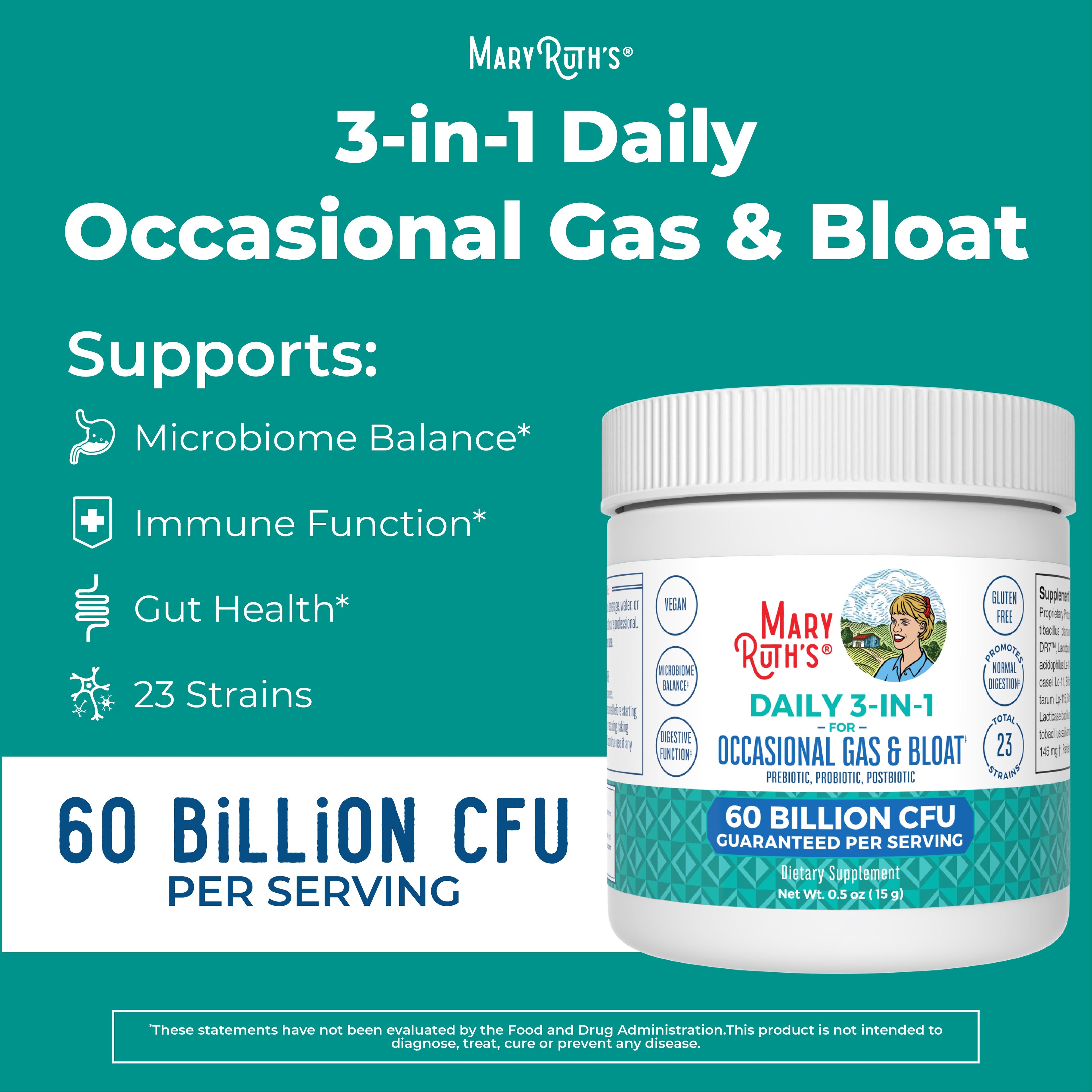 MaryRuth 3-in-1 Gas & Bloat Powder With Probiotics For Digestion Unflavored Pre, Pro & Postbiotic & Microbiome Balance  Advertisement